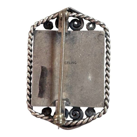 Vintage Persian Miniature Tile Hand Painted Sterling Silver Brooch Scroll Design - Picture 3 of 5